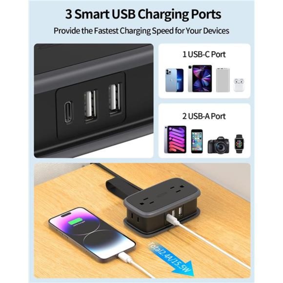 Power Strip with USB C Port, Flat Plug Extension Cord with 4 Outlets 3 USB - Picture 3 of 6